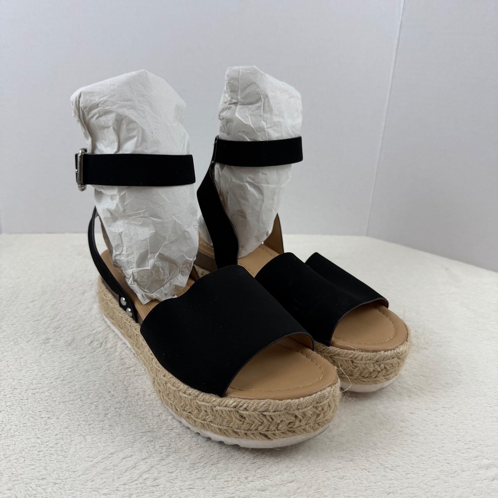 SODA‎ Black Espadrille Platform Wedge Sandals Ankle Strap Buckle Women's 7.5